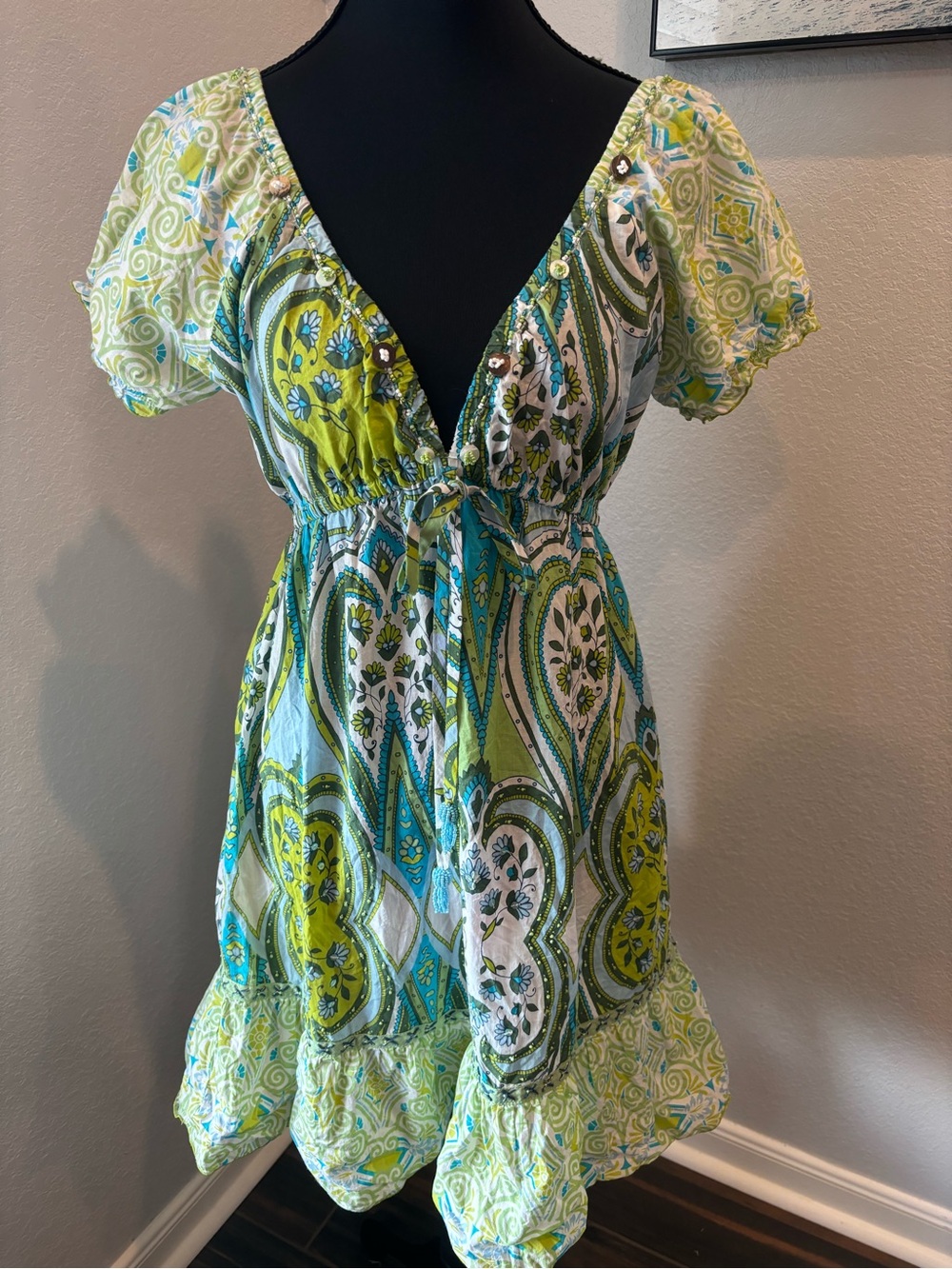 Blissitude Y2K Bohemian Blue and Green Multi-Print Maximalist Dress